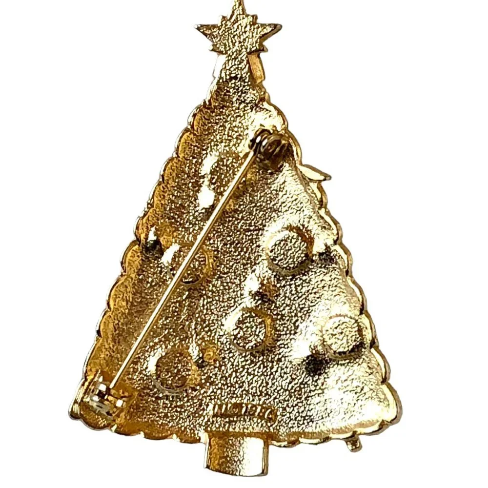 JJ 1986 Christmas Tree Brooch Pin Rhinestones Star Gold Tone Signed